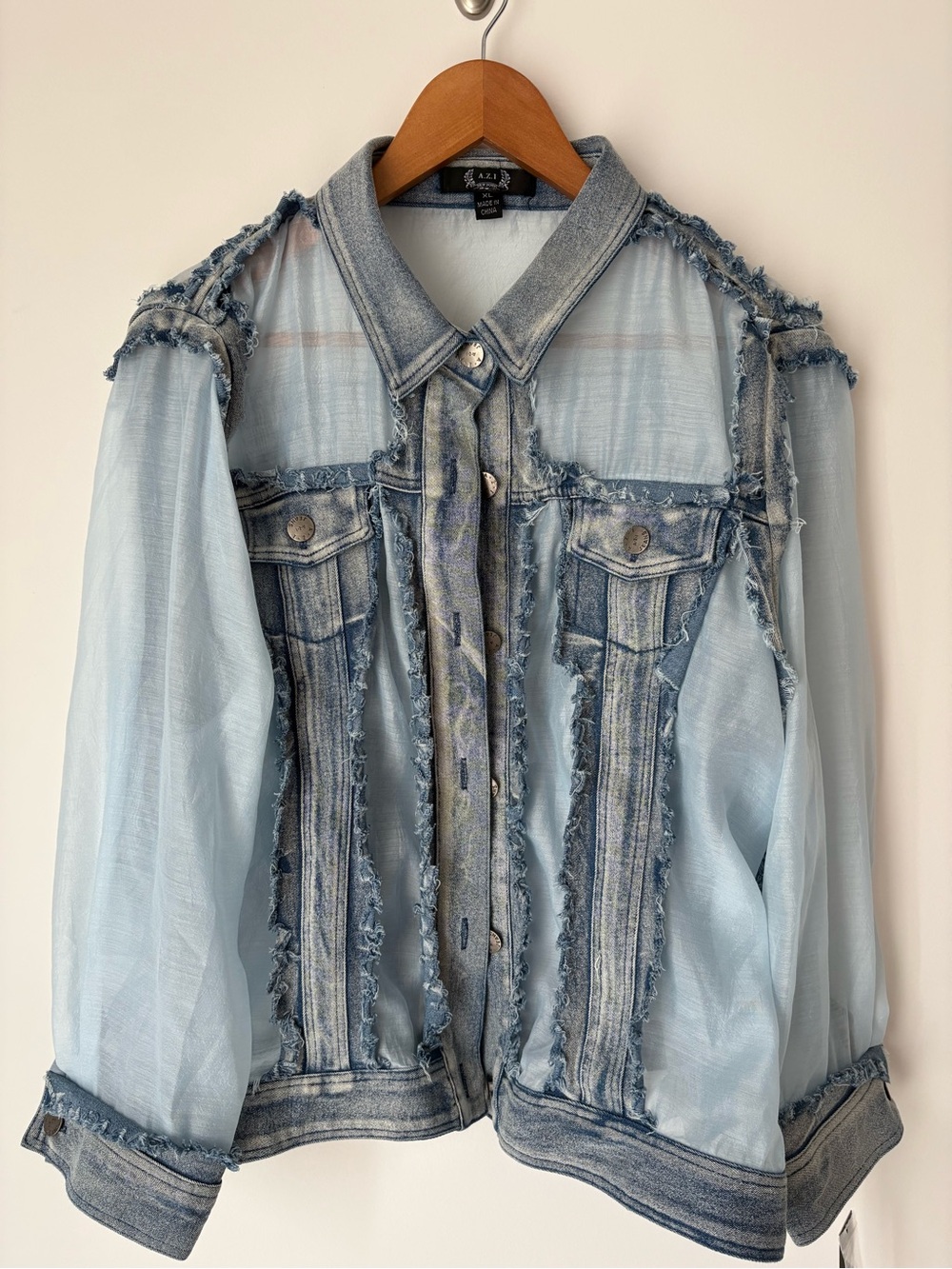 Women's Light Blue Denim Jacket with Sheer Panels